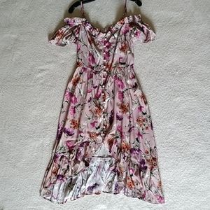 Women's Pink Floral Off Shoulder Midi Hi-low Dress